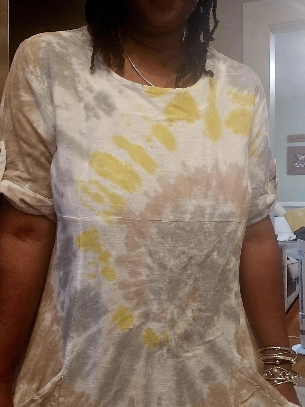 Tie-Dye Maxi Dress in Yellow & Taupe Linen Fabric